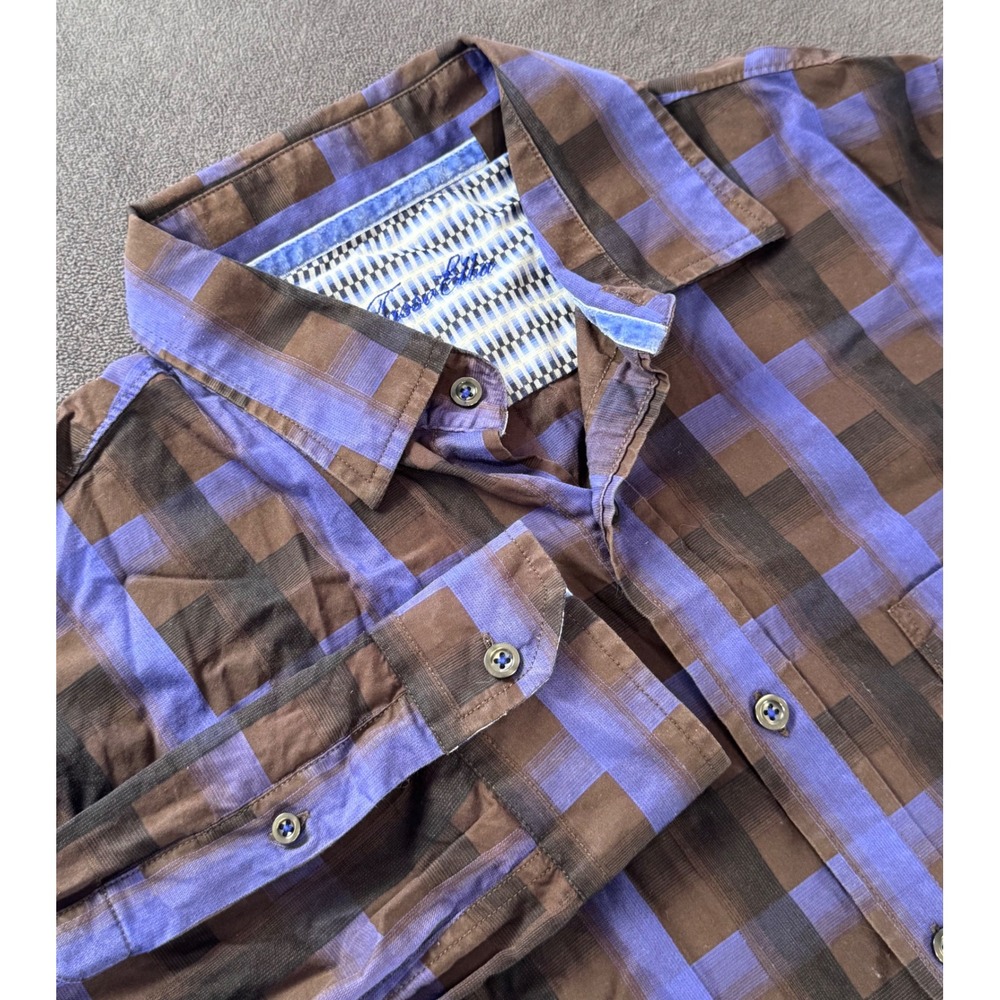 Tasso Elba Men's Large Purple Brown Plaid Cotton Long Sleeve Button Down Shirt